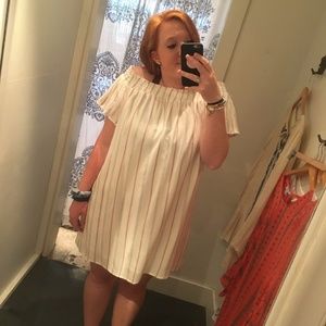 Pinstripe off the shoulder dress